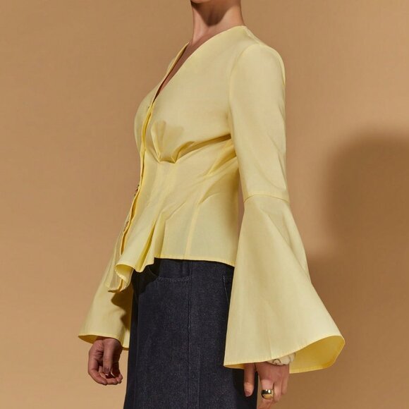 Light Yellow Elegant Women's Deep V-Neck Flare Sleeve Blouse - Picture 6 of 7